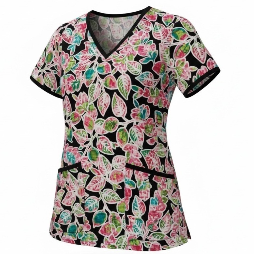 Peaches Uniforms Floral V Neck Scrub Top Short Sleeve Women's Size S Healthcare